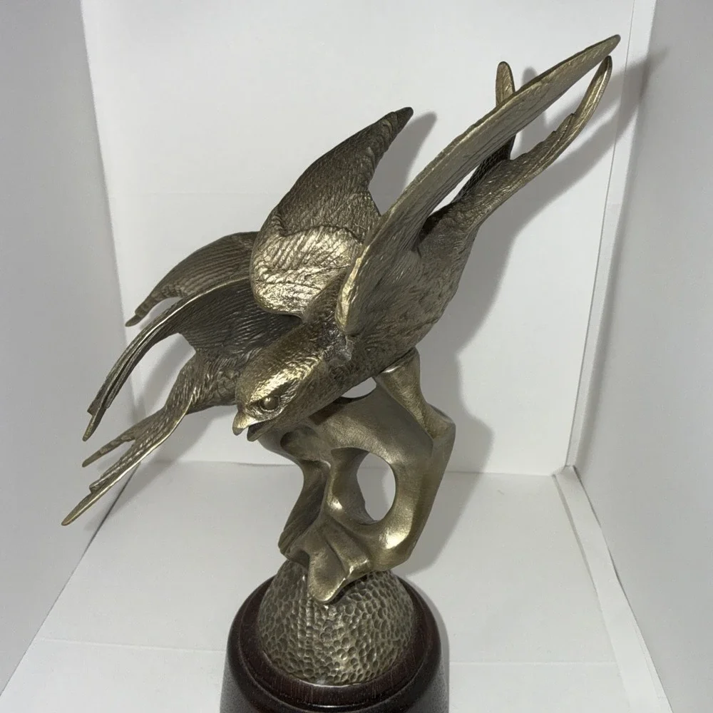 1976 Barn Swallows Irving Burgues Birds‎ Pewter Sculpture Signed Wood Base #1616